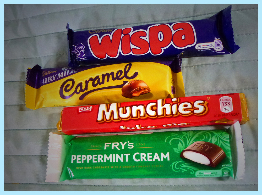 European candies: Cadbury Wispa, Cadbury Caramel, Nestle's Munchies, and Fry's Peppermint Cream