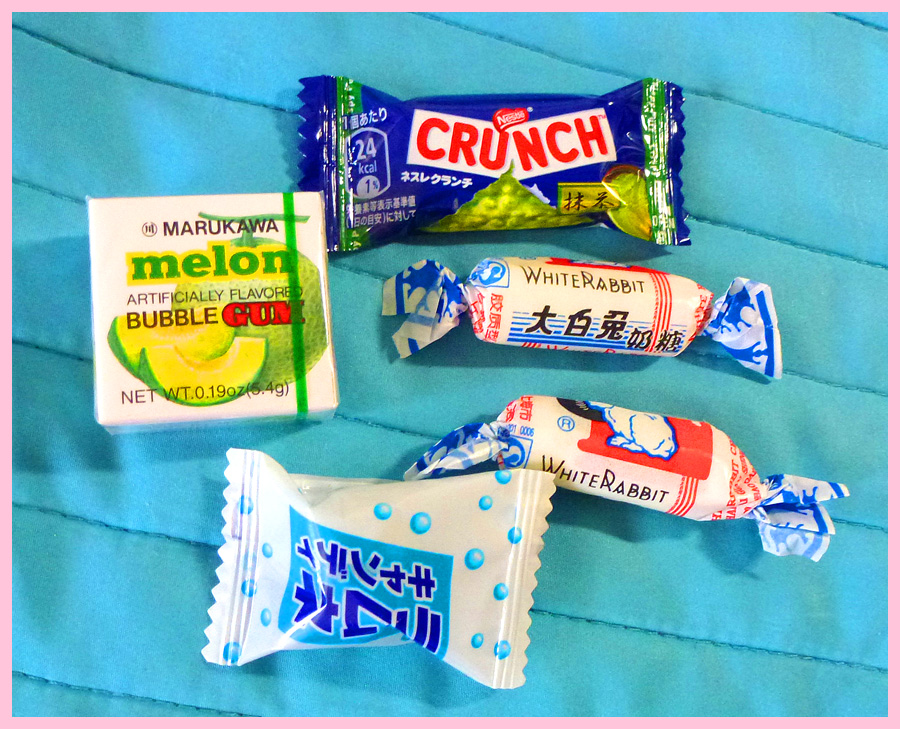 Marukawa Fusen Melon Gum, Matcha Green Tea Crunch, White Rabbit Creamy Candy and Super Soda hard candy