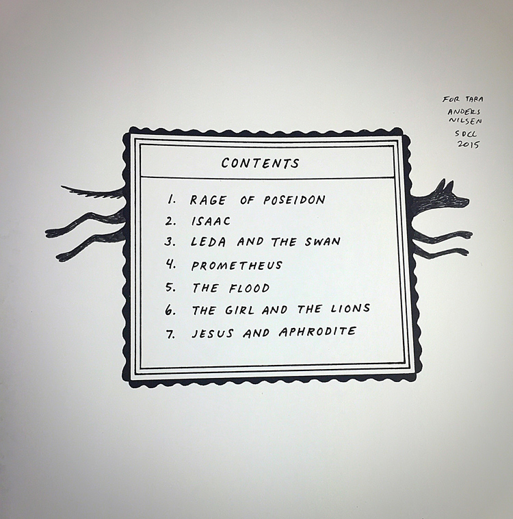 Anders signed and made a small pen sketch on the table of contents page o f the book. Here you see his comic dog sketch leaping through the contents box. 
